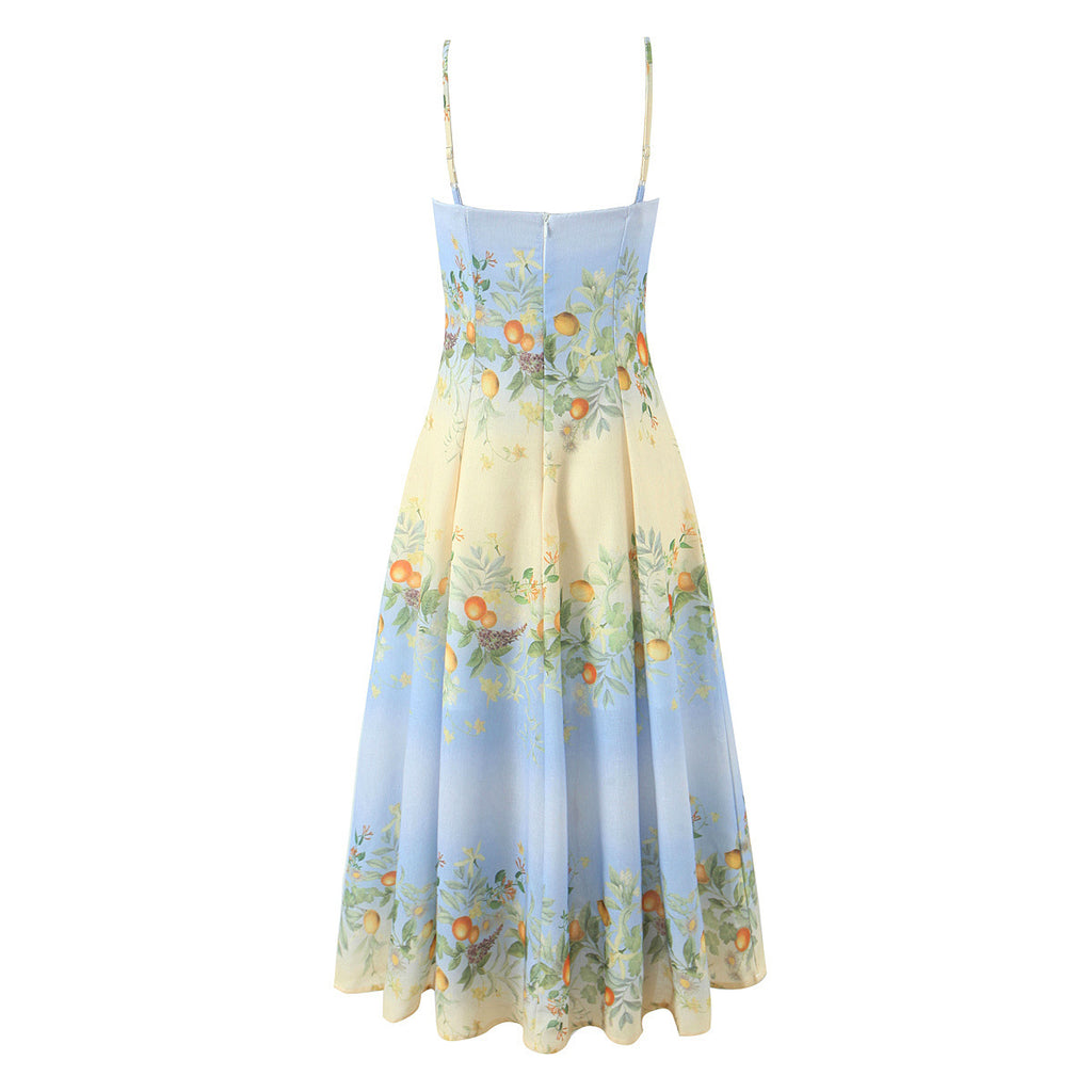 Bohemian vacation style linen print dress