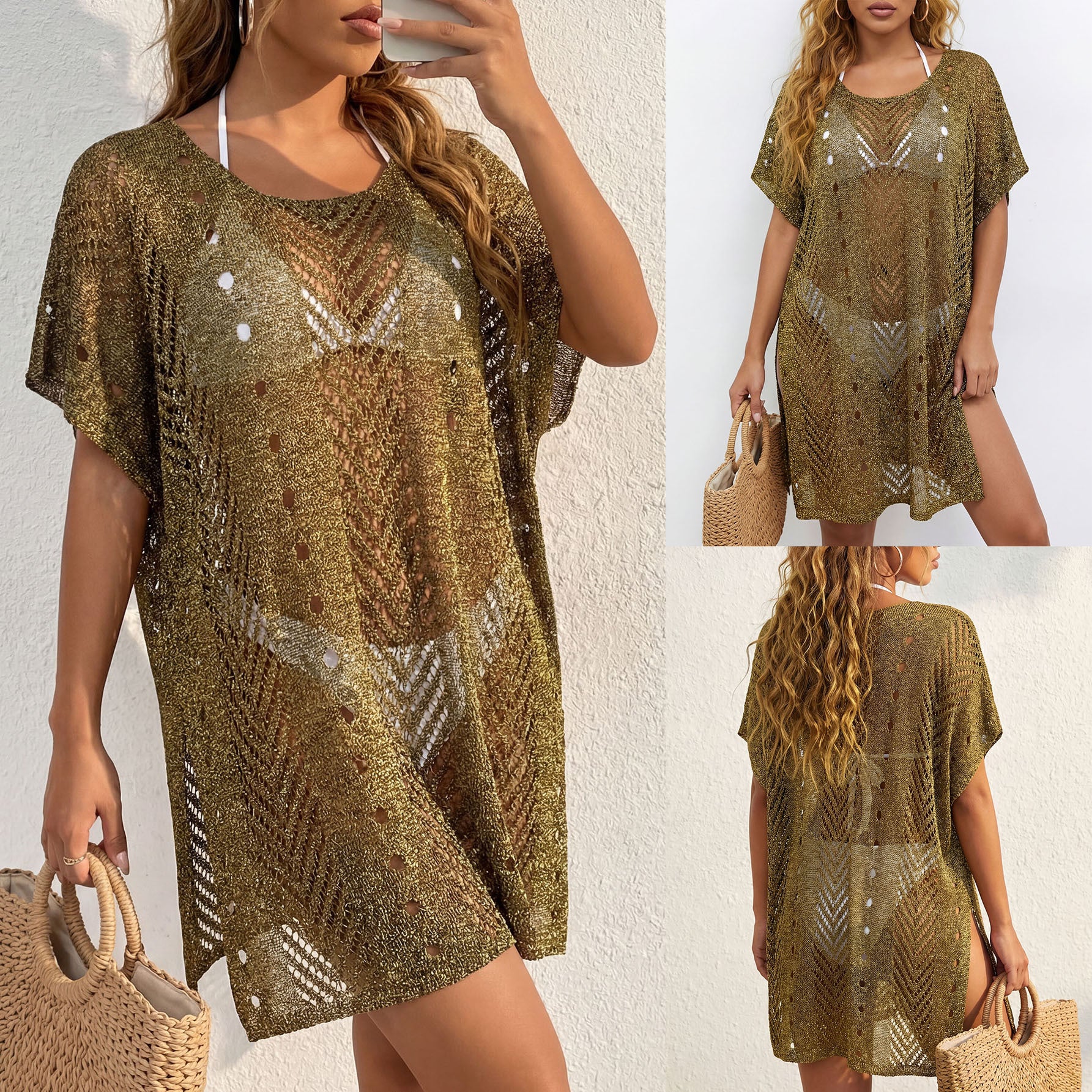 beach cover up dress women's sexy shiny thread beach bikini cover-up