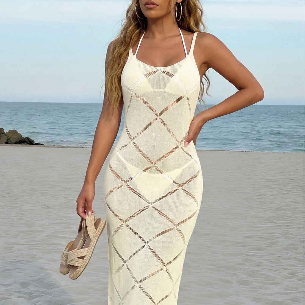 Beach Long Dress Women's Grid Cut-out Swimwear Cover-Up Beach Dress