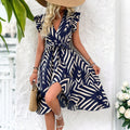Women's elegant vacation style dress with irregular stripes mid length skirt