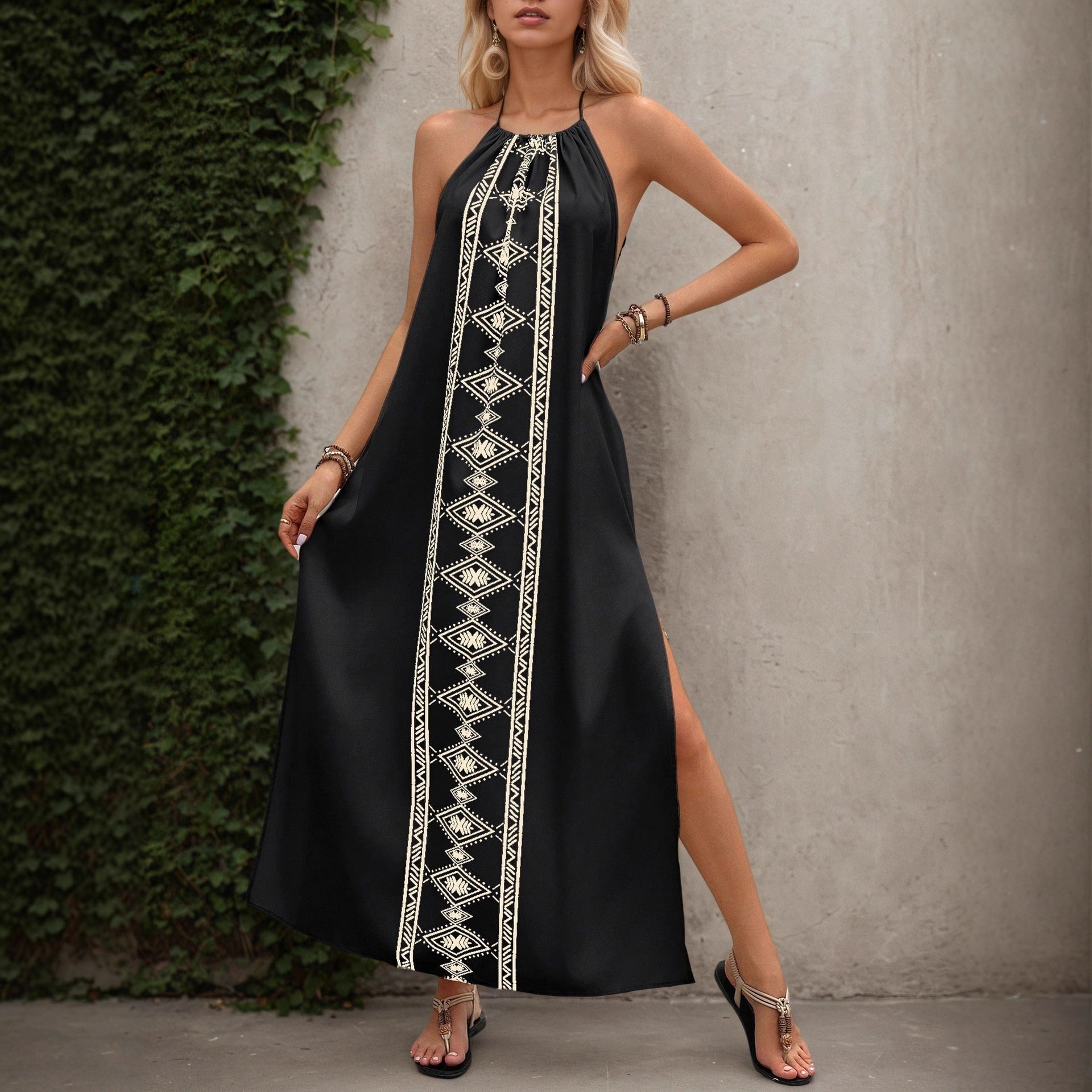 Backless high slit long vacation camisole dress