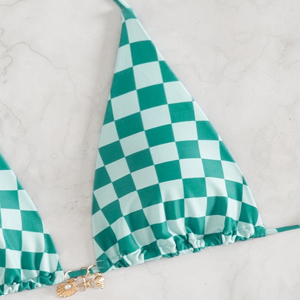 Swimsuit Split Vacation Sexy Checkered Neck Strap