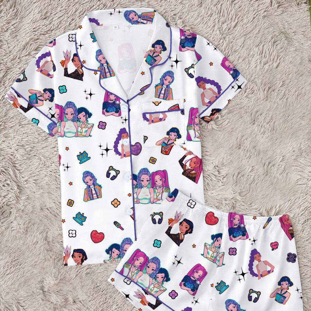 Kpop Girl Group White Printed Milk Silk Turn-Down Collar Two-Piece Sleepwear Set