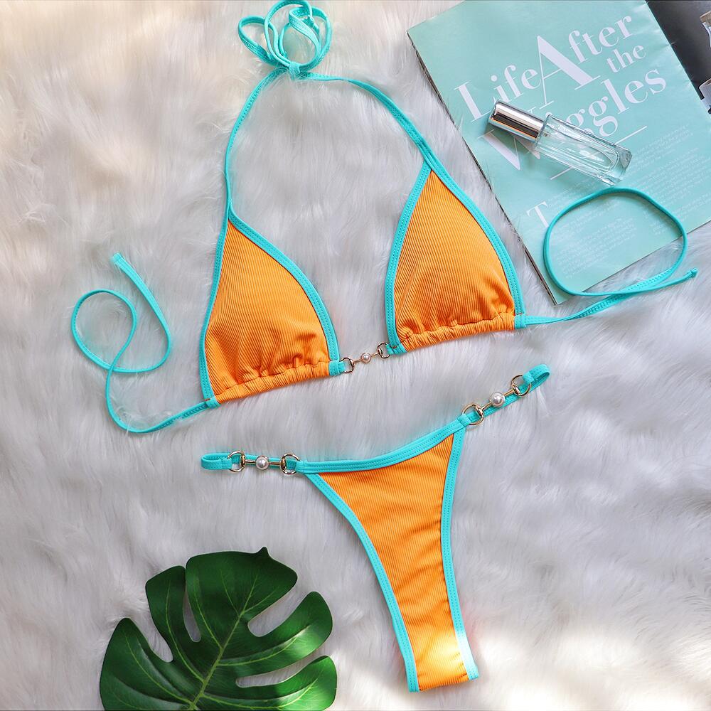 Bikini patchwork metal accessories pearl women's split swimming