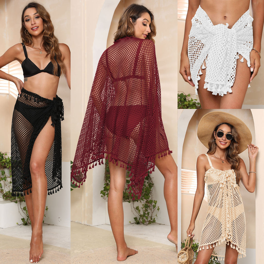Beach Vacation Shawl Spliced Fringe Sexy Sheer Mesh Irregular One-Piece Beach Dress