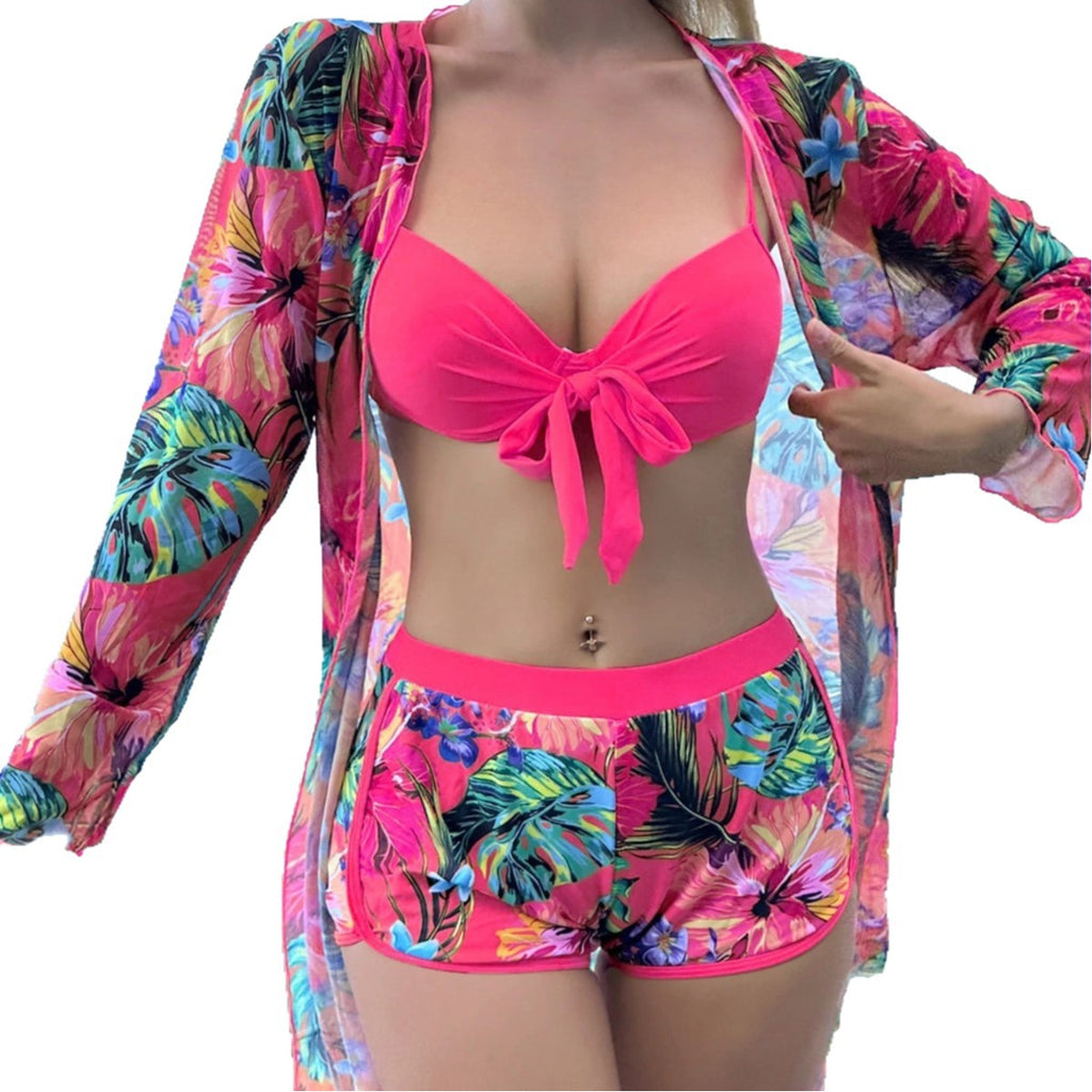 Bow bikini paired with mesh cardigan vacation swimsuit