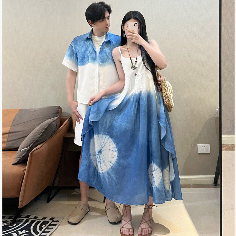 Summer New Beach Vacation Ethnic Style Tie-Dye Strap Dress, Elegant Long Beach Dress