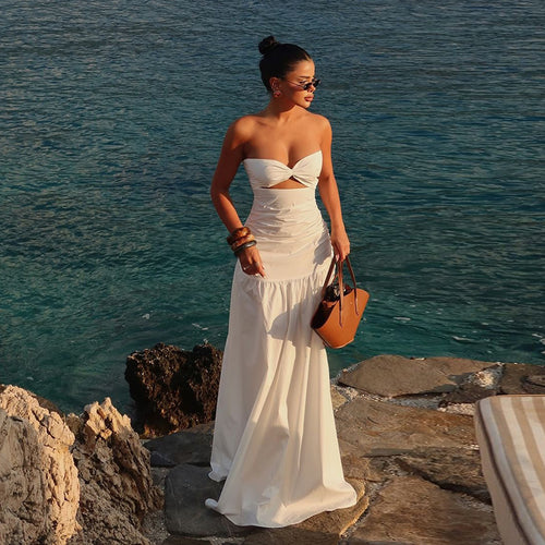 Beach style fake strapless hollow dress for women
