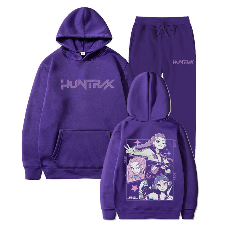 Fashionable Kpop Demon Hunter Hooded Loose Unisex Casual Sports Sweatshirt Set