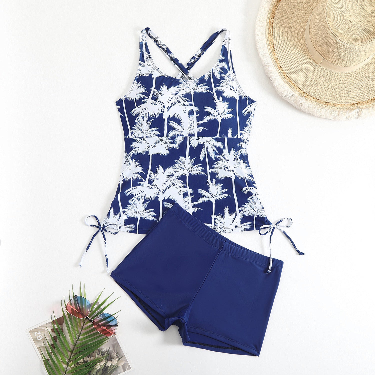 Drawstring vest style two-piece beach swimsuit