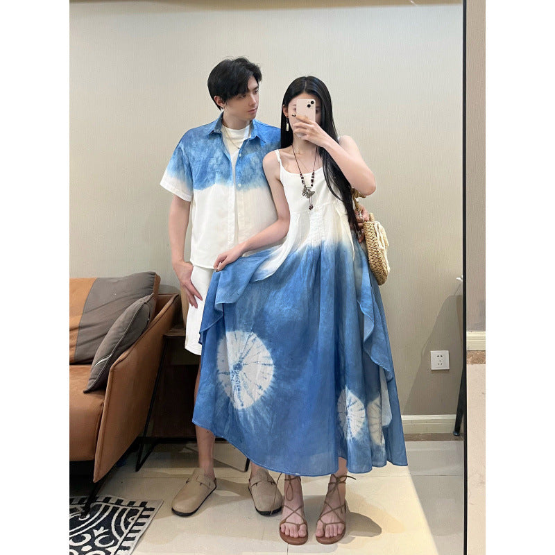Summer New Beach Vacation Ethnic Style Tie-Dye Strap Dress, Elegant Long Beach Dress