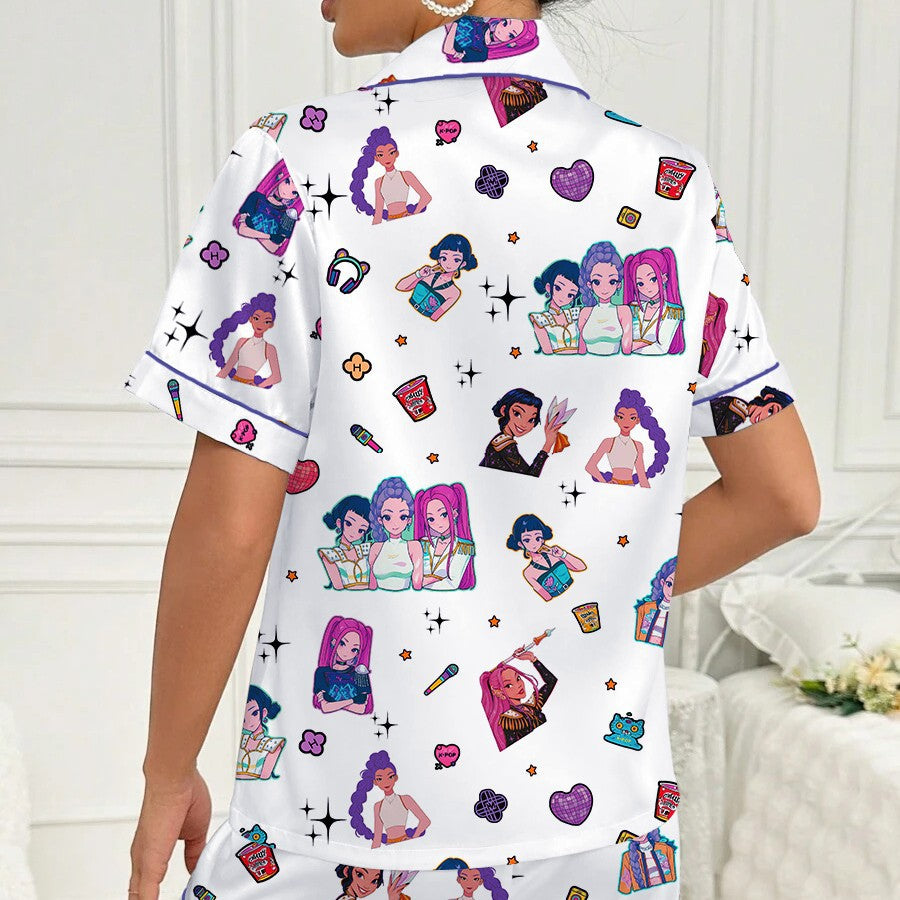 Kpop Girl Group White Printed Milk Silk Turn-Down Collar Two-Piece Sleepwear Set