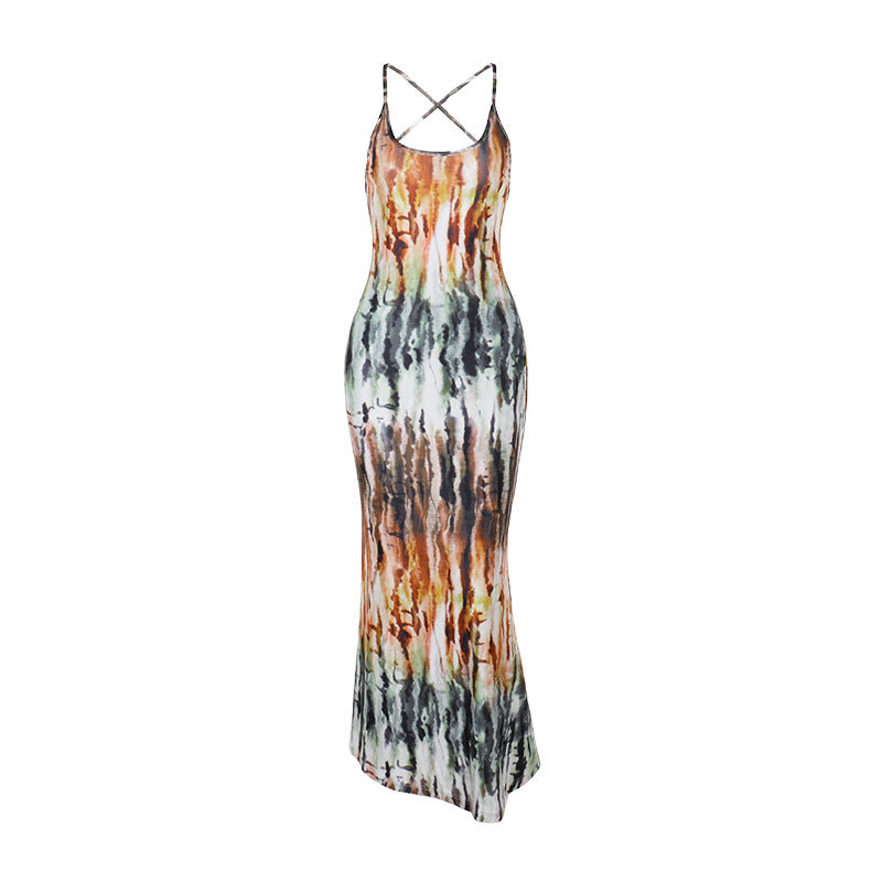 Tie dye gradient sexy backless vacation dress