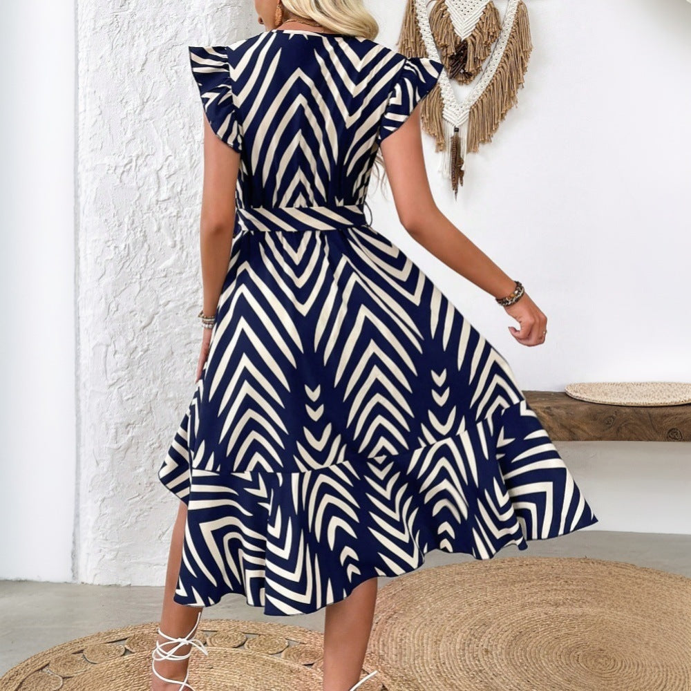Women's elegant vacation style dress with irregular stripes mid length skirt