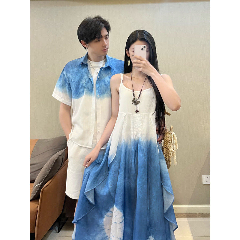 Summer New Beach Vacation Ethnic Style Tie-Dye Strap Dress, Elegant Long Beach Dress