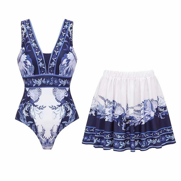 V-Neck Printed Swimwear Women's Vacation Beach