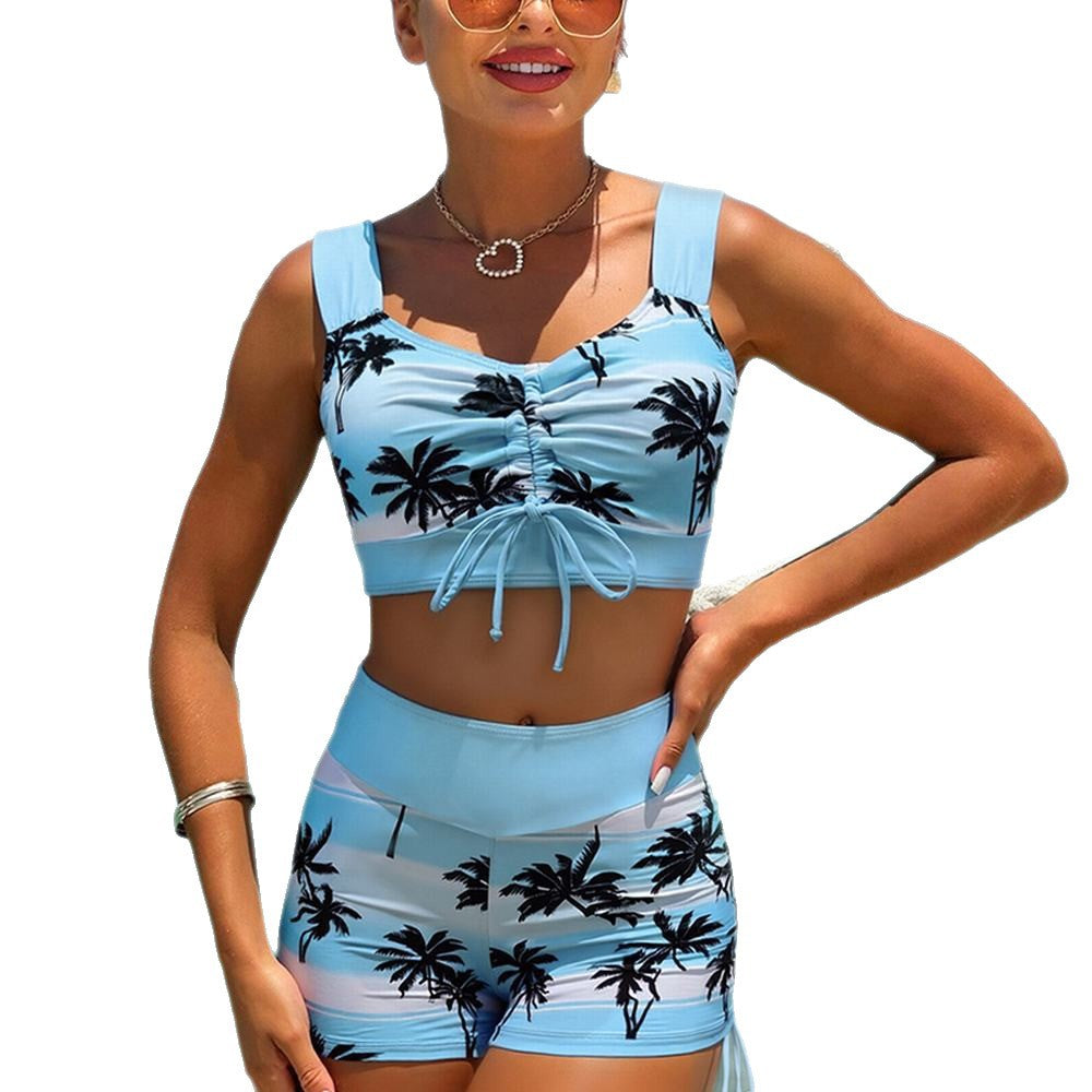 Swimsuit split vacation sexy high waisted retro print