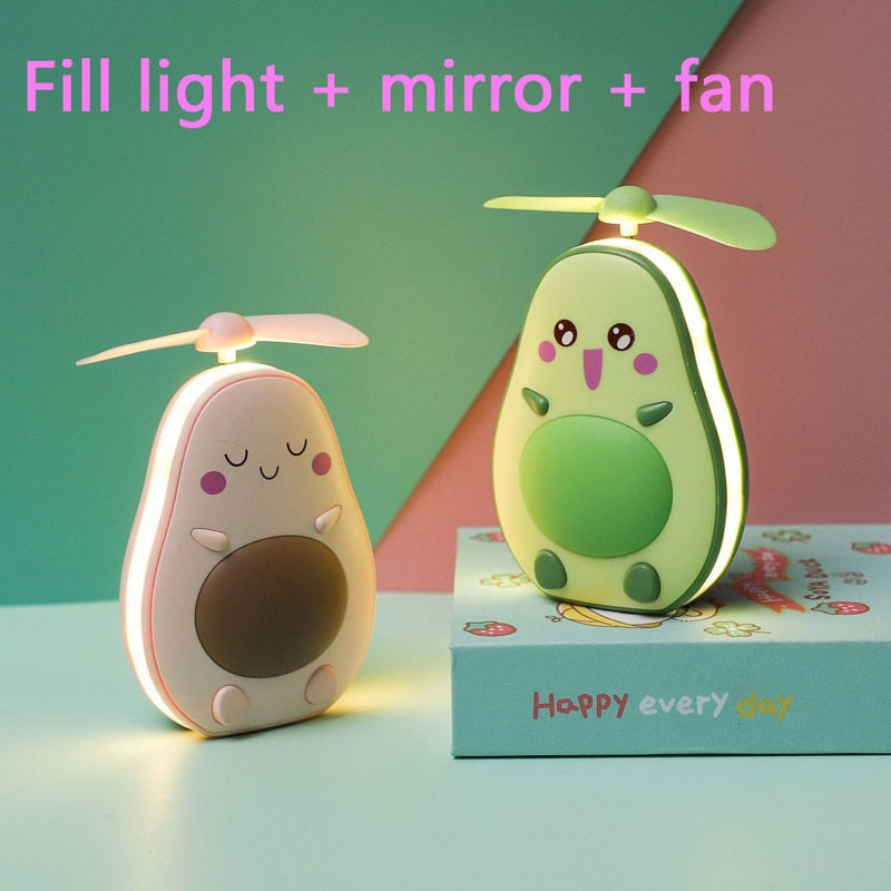 2020 New avocado small usb rechargeable lamp portable lovely night light makeup mirror mini fan lamp