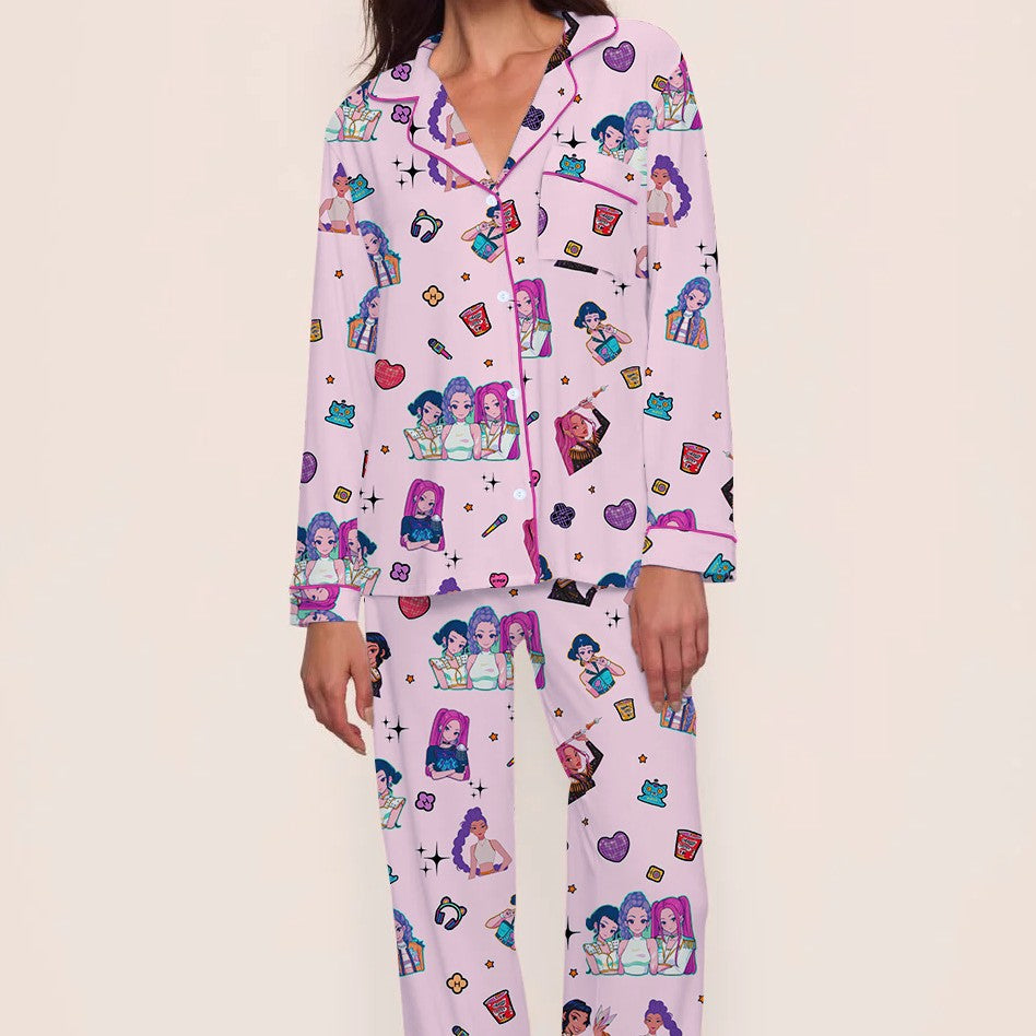 KPOP Girl Group Print Milk Silk Long Sleeve Two-Piece Sleepwear Women's Loungewear