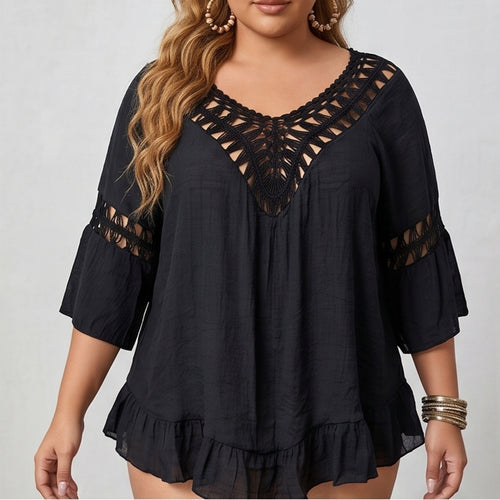 Beach Dress Plus Size Women's Hand-Crocheted Patchwork Sexy Backless Ruffle Short Beach Cover-Up