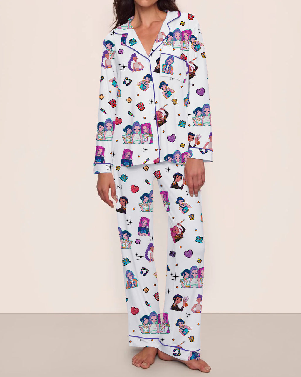 KPOP Girl Group Print Milk Silk Long Sleeve Two-Piece Sleepwear Women's Loungewear
