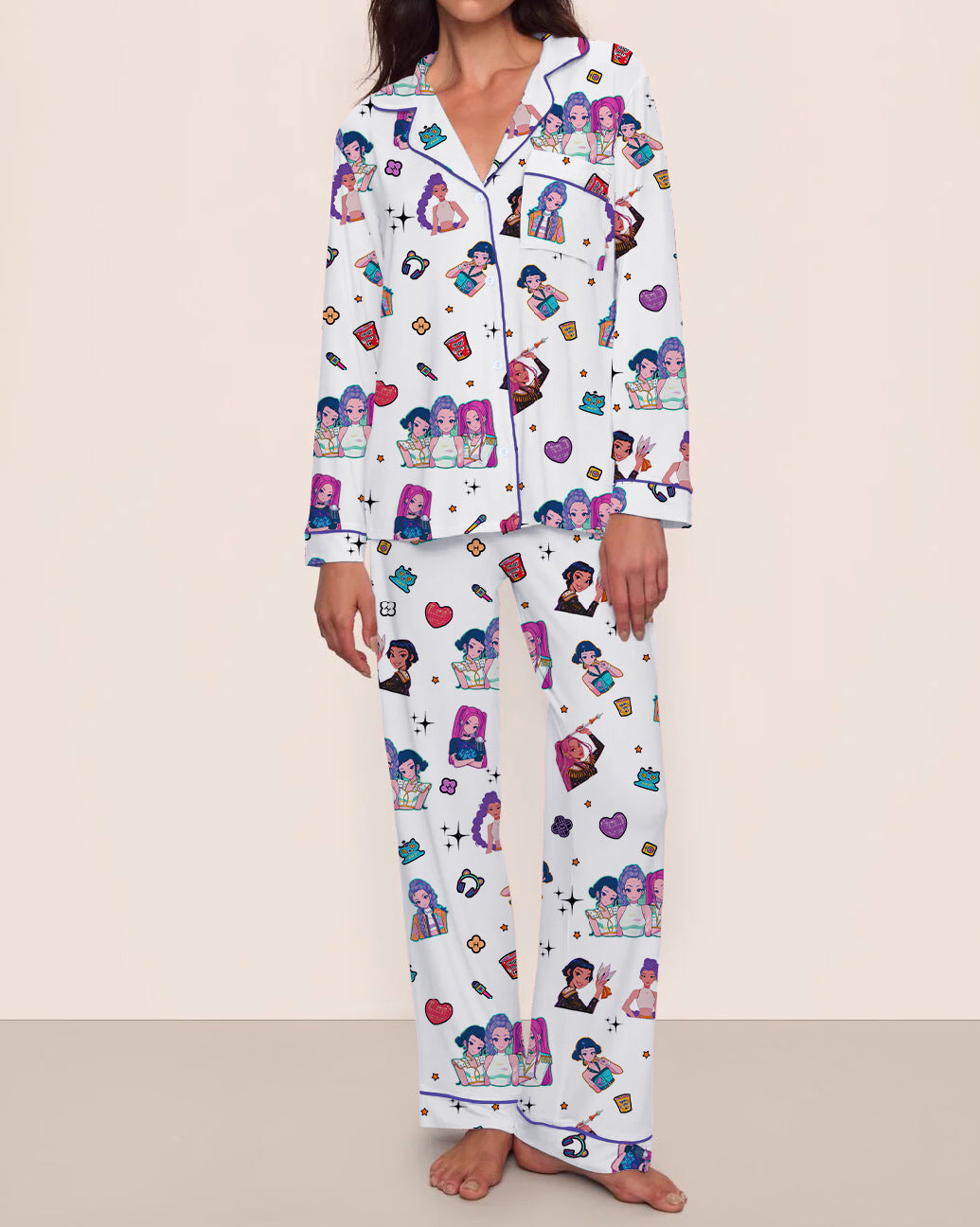 KPOP Girl Group Print Milk Silk Long Sleeve Two-Piece Sleepwear Women's Loungewear