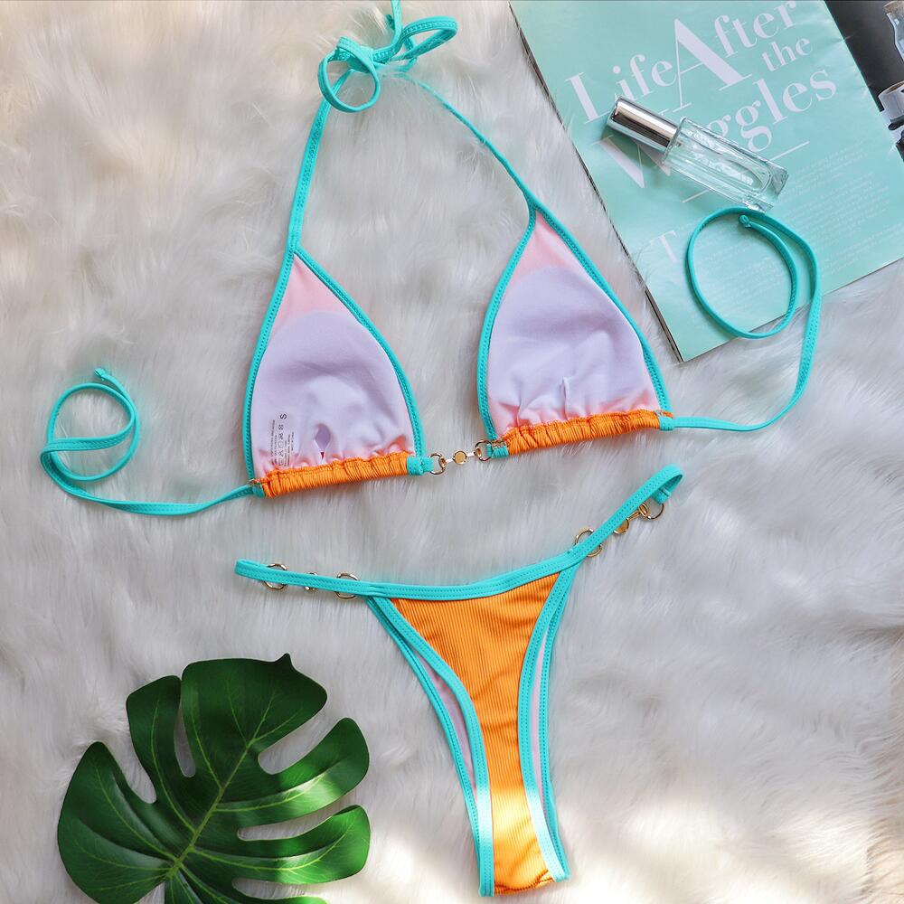 Bikini patchwork metal accessories pearl women's split swimming