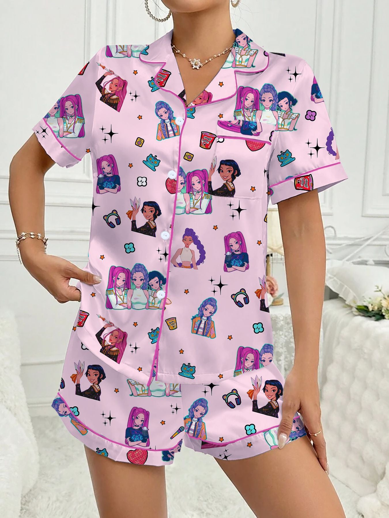Kpop Girl Group White Printed Milk Silk Turn-Down Collar Two-Piece Sleepwear Set