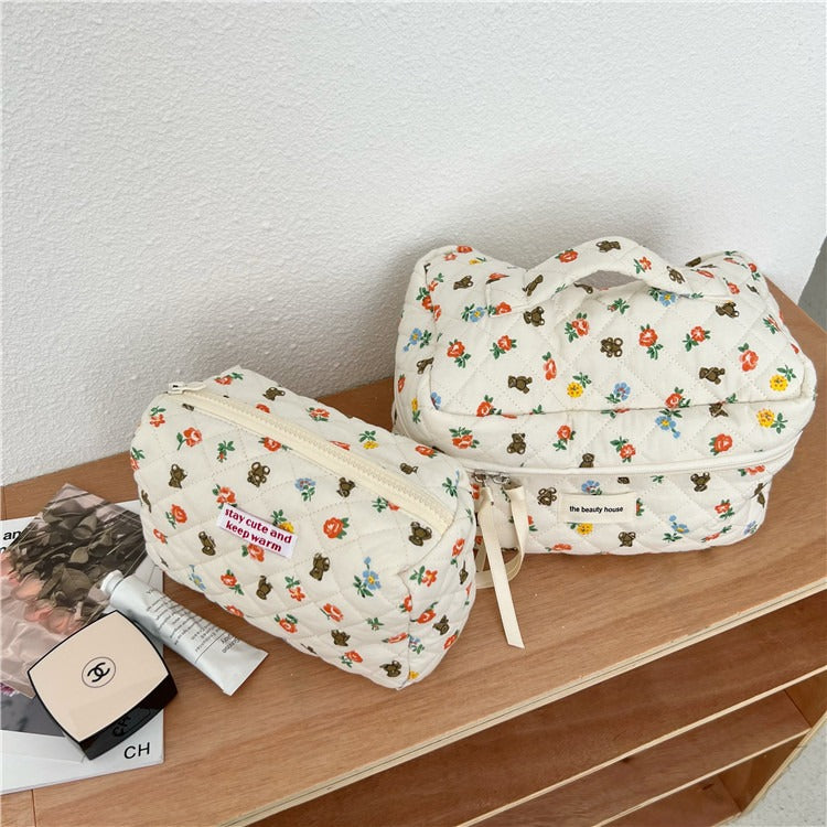 Cartoon Bear Flower Makeup Bag Large Capacity Portable Travel Wash Bag Sundry Storage Bag Three-piece Set