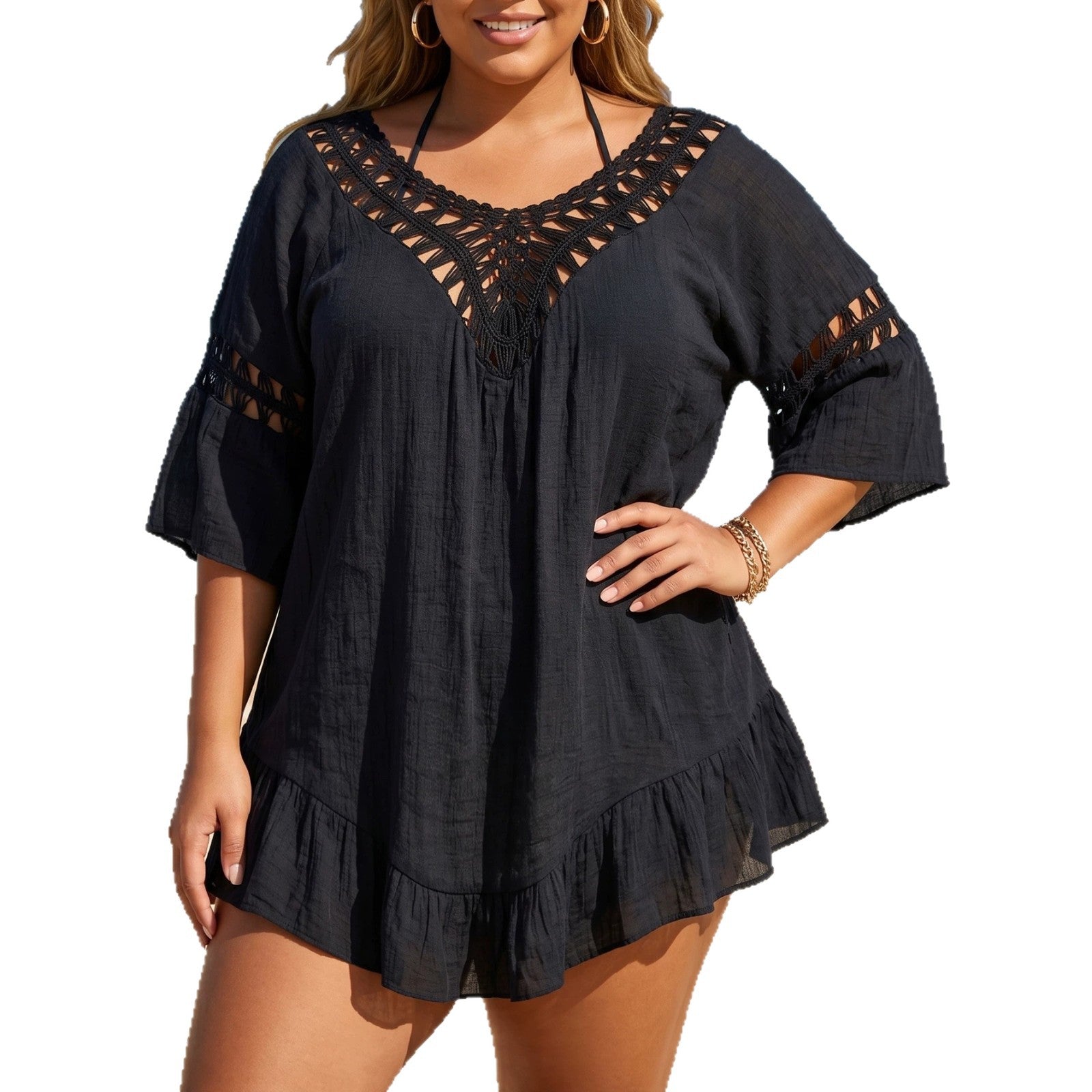 Beach Dress Plus Size Women's Hand-Crocheted Patchwork Sexy Backless Ruffle Short Beach Cover-Up