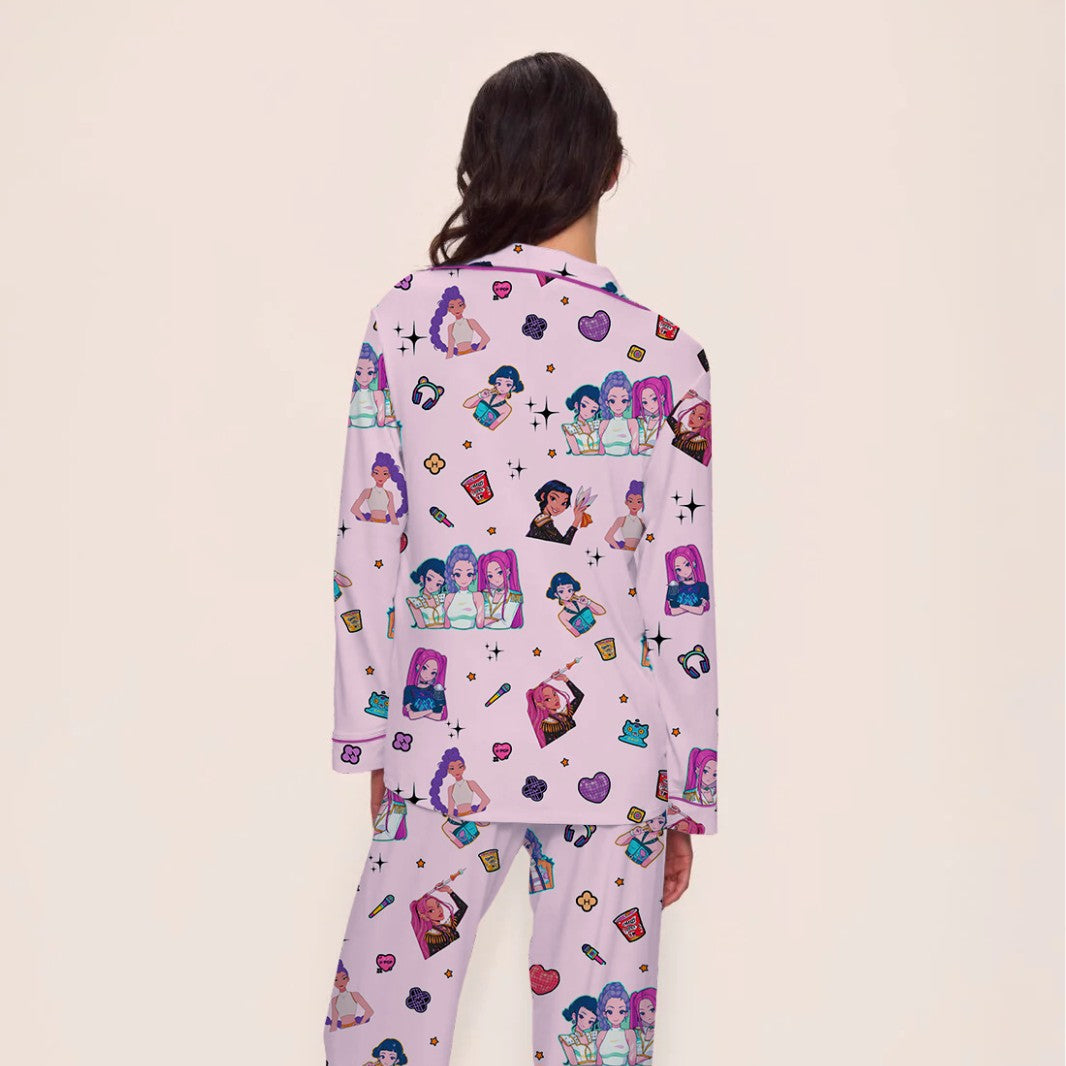 KPOP Girl Group Print Milk Silk Long Sleeve Two-Piece Sleepwear Women's Loungewear