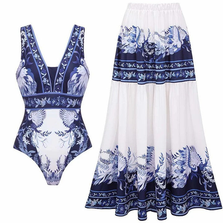 V-Neck Printed Swimwear Women's Vacation Beach