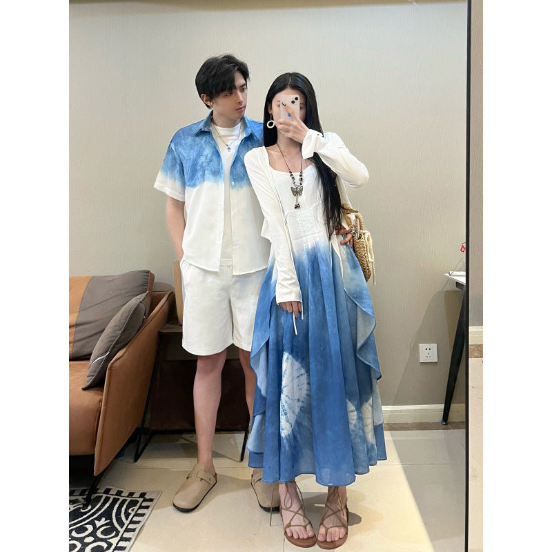 Summer New Beach Vacation Ethnic Style Tie-Dye Strap Dress, Elegant Long Beach Dress