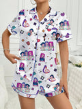 Kpop Girl Group White Printed Milk Silk Turn-Down Collar Two-Piece Sleepwear Set