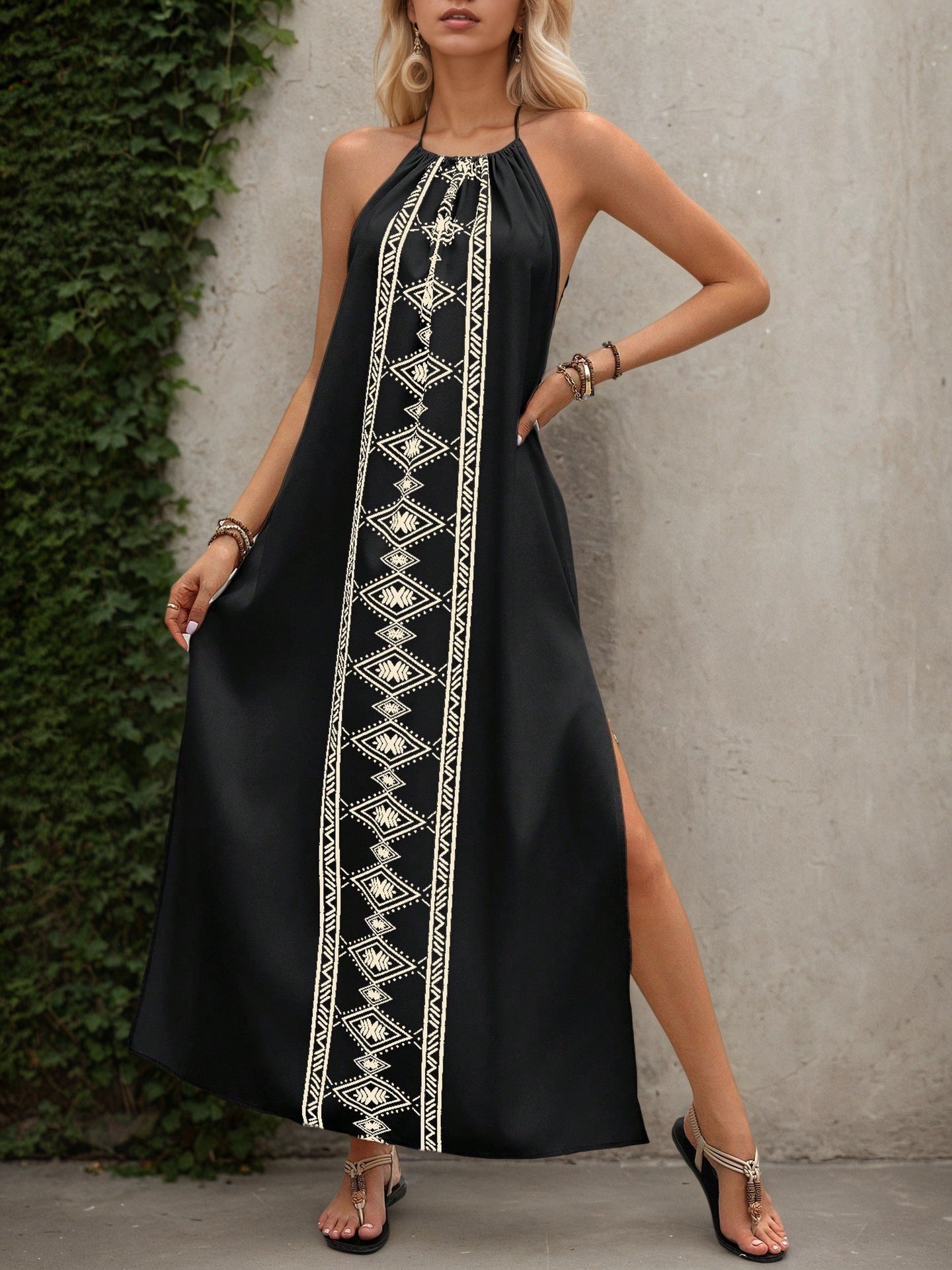 Backless high slit long vacation camisole dress