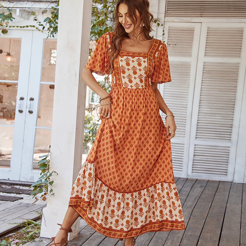 French printed vacation style square neck dress