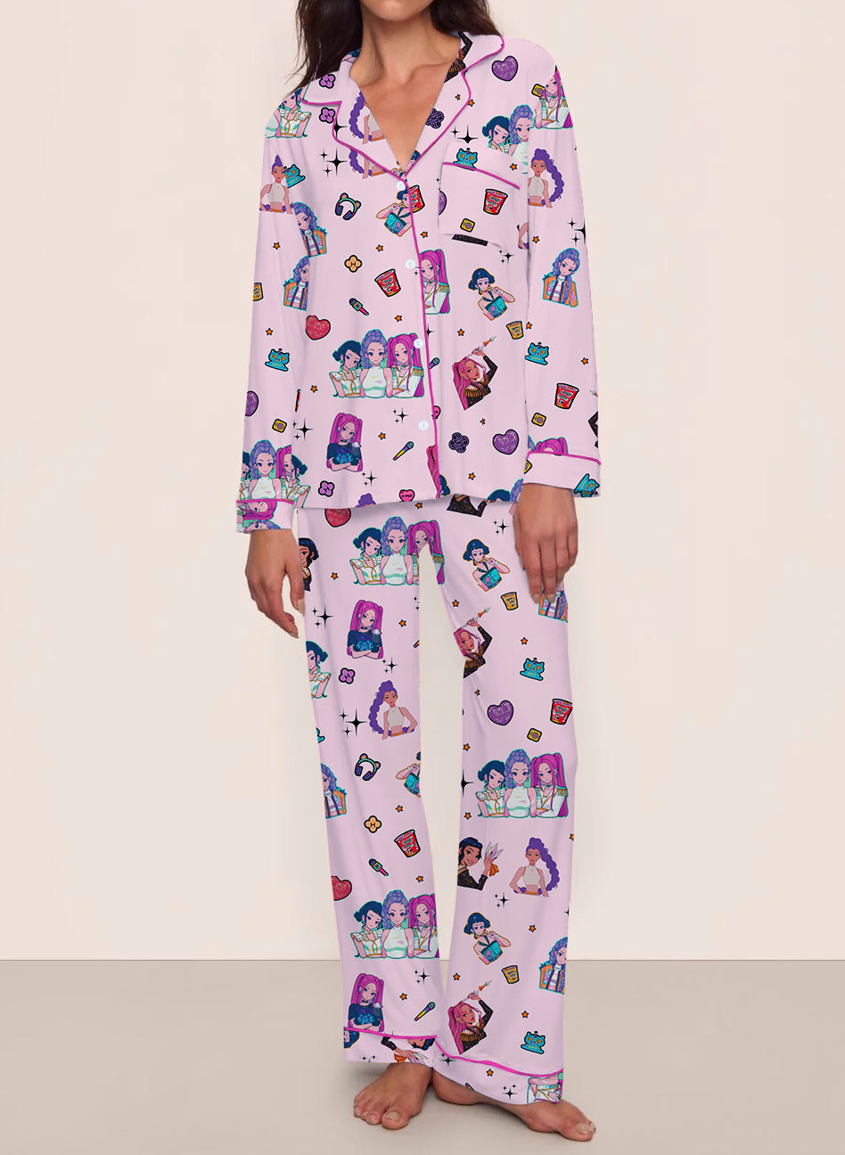 KPOP Girl Group Print Milk Silk Long Sleeve Two-Piece Sleepwear Women's Loungewear