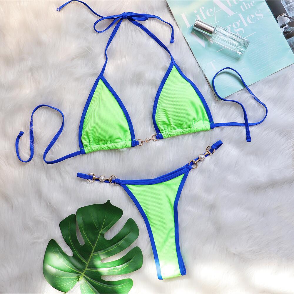 Bikini patchwork metal accessories pearl women's split swimming