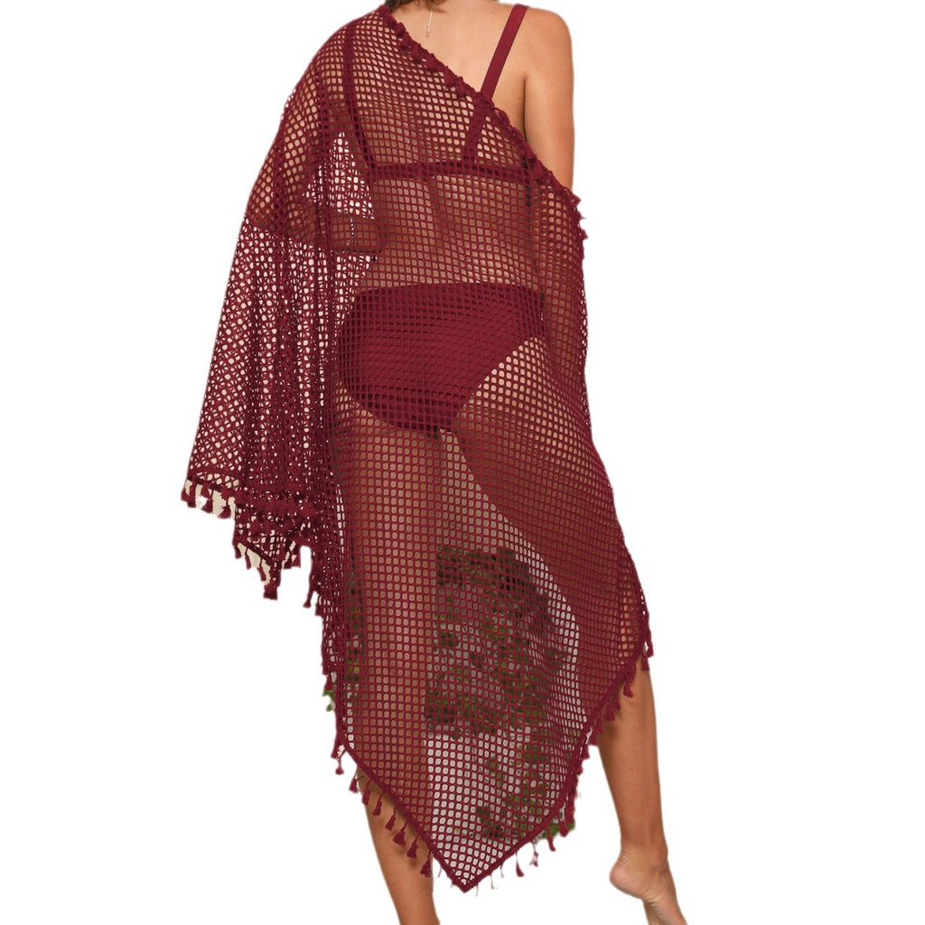 Beach Vacation Shawl Spliced Fringe Sexy Sheer Mesh Irregular One-Piece Beach Dress