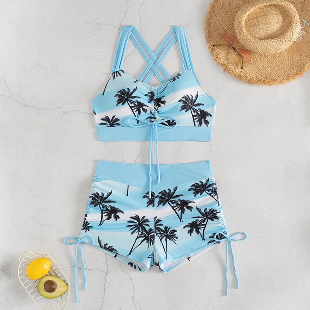 Swimsuit split vacation sexy high waisted retro print