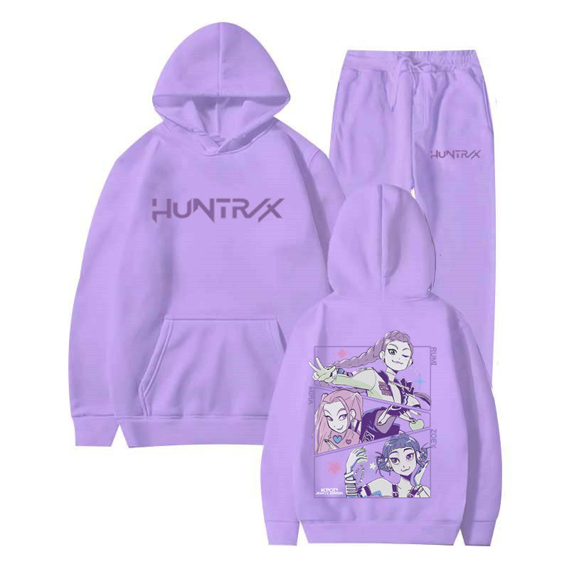 Fashionable Kpop Demon Hunter Hooded Loose Unisex Casual Sports Sweatshirt Set