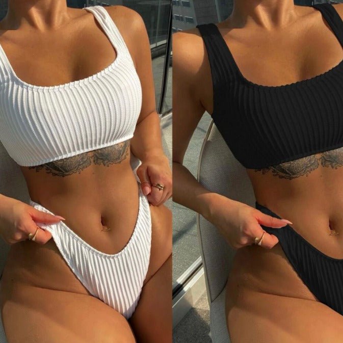 Split bikini beach solid color swimsuit