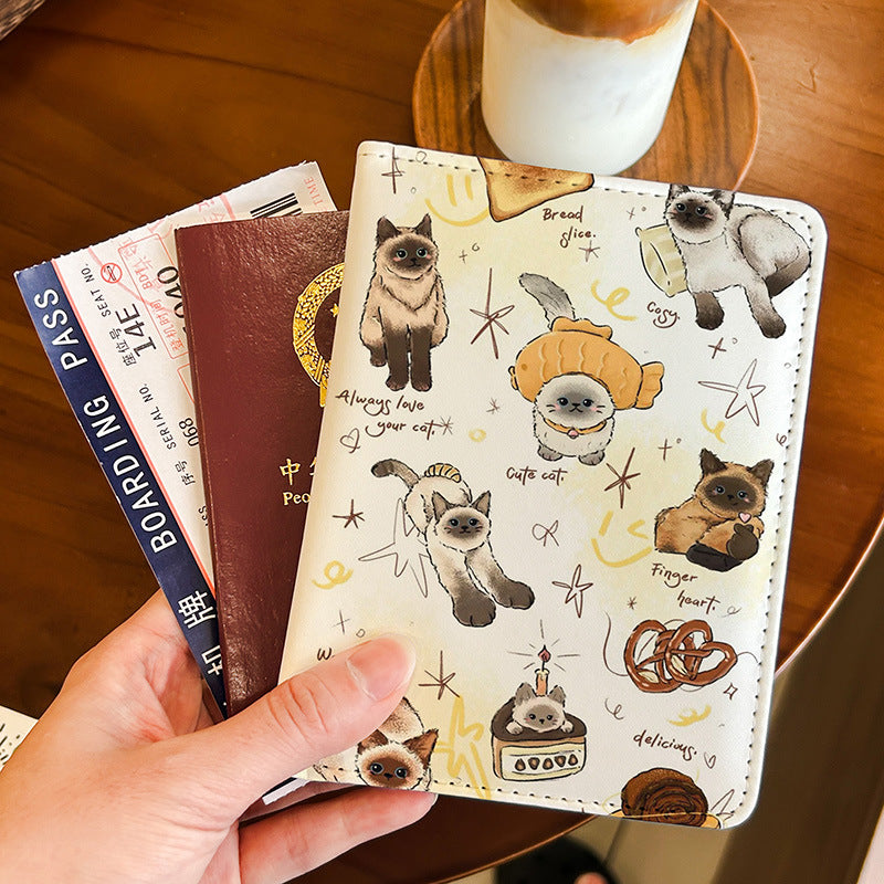 Vintage Cute Animal Cat Dog Passport Holder ID Card Case Protective Cover Multi-Functional Wallet Travel Portable Organizer