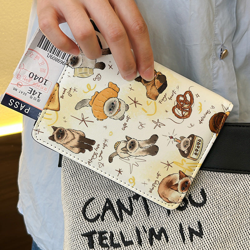 Vintage Cute Animal Cat Dog Passport Holder ID Card Case Protective Cover Multi-Functional Wallet Travel Portable Organizer